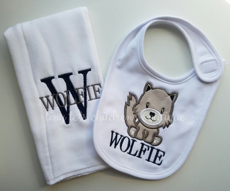 Baby Shower Gift Wolf Embroidered Bib Monogram Burp Cloth Personalized Baby Boy Bib and Burp Cloth Set Burp Cloth Set Newborn