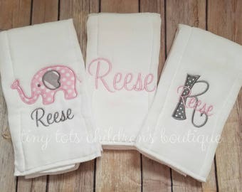 Set of 3 personalized burp cloths - baby girl embroidered burp cloth set - elephant applique - newborn - burp cloths - baby shower gift