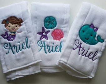 Set of 3 personalized burp cloths - Embroidered baby girl burp cloth set - Newborn - Monogram Burp Cloth - Whale - Mermaid - Shell