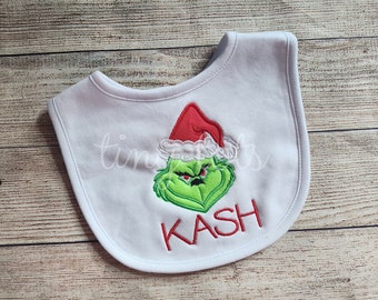 Grinch Christmas Bib - Newborn - Baby - Boy Girl Bib - Custom Christmas Bib - Personalized Baby Bib - Embroidered Bib - Monogram Bib - Red