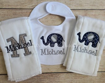 Set of 2 Personalized Burp Cloths and Bib - Embroidered Boy Burp Cloths - Newborn - Monogram Bib Set - Baby Shower - Elephant Burp Cloth