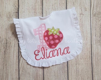 Strawberry First Birthday Bib - Embroidered Ruffle Bib - Custom Personalized Baby 1st Birthday Bib - One - Strawberry - Monogram - Berry