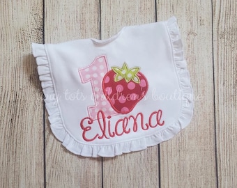 Strawberry First Birthday Bib - Embroidered Ruffle Bib - Custom Personalized Baby 1st Birthday Bib - One - Strawberry - Monogram - Berry