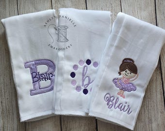 Set of 3 embroidered burp cloths - Newborn burp cloth set - Ballerina - Baby girl burp cloths - Baby shower gift - Purple