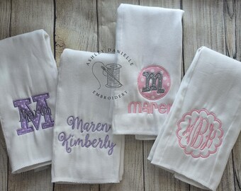 Set of 4 personalized baby girl burp cloths - Custom monogram burp cloth - Embroidered baby shower gift - Pink - Purple - Initial burp cloth