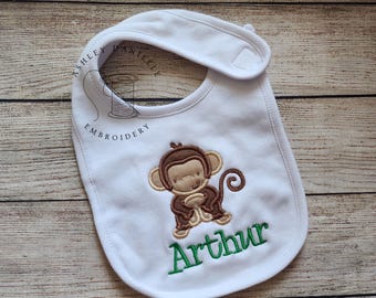 Personalized Monkey Baby Bib | Embroidered Baby Bib with Name | Custom Baby Shower Gift | Jungle Safari Baby Bib | Baby Boy Feeding Bib