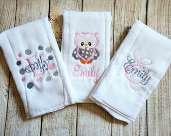 Set of 3 personalized baby girl 6-ply burp cloths - embroidered burp cloth set - newborn - baby girl - owl - pink gray - baby shower gift