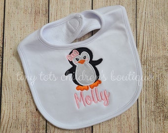 Personalized Baby Girl Bib - Embroidered Penguin Bib - Monogram Bib - Custom Bib - Baby Shower Gift - Newborn - Black Light Pink - Penguin