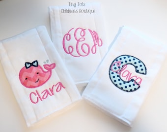 Monogram Burp Cloth Set - Personalized Cloth Diaper - Whale - Chevron - Polka Dot - Hot Pink