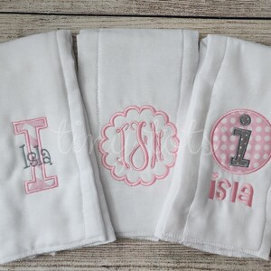 Set of 3 Personalized 6-ply Burp Cloths Custom Girl Burp Cloth Set Pink Monogram Burp Cloth Newborn Baby Girl Embroidered Burp Cloth afbeelding 1
