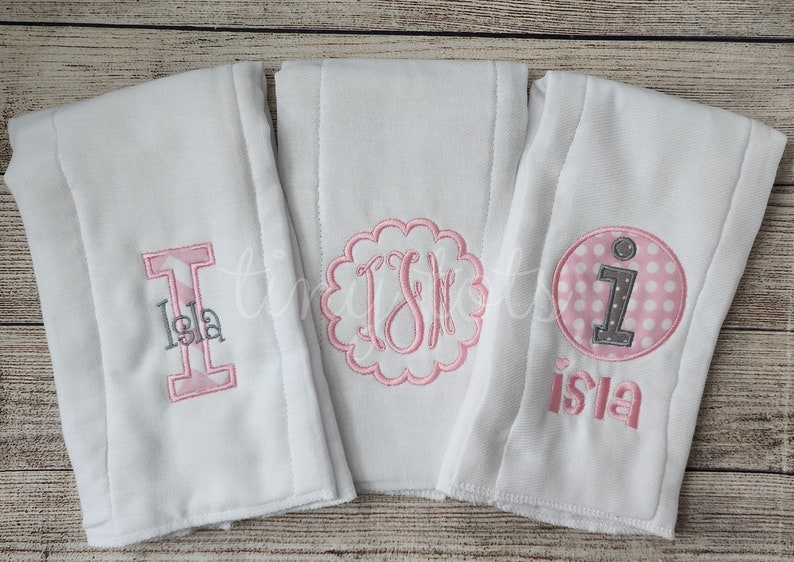 Set of 3 Personalized 6-ply Burp Cloths Custom Girl Burp Cloth Set Pink Monogram Burp Cloth Newborn Baby Girl Embroidered Burp Cloth image 1