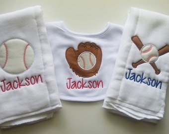 Set of 2 Personalized Burp Cloths and Bib - Embroidered Boy Burp Cloths - Newborn - Monogram Bib Set - Baby Shower - Baseball Burp Cloth
