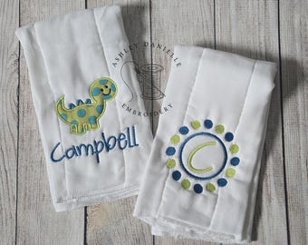 Set of 2 personalized burp cloths - Embroidered dinosaur burp cloth set - Newborn - Custom baby shower gift - Monogrammed baby boy gift