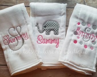 Girl Burp Cloth Set, Set of 3 Personalized Burp Cloths - Diaper Cloths - Baby Girl - Monogrammed - Gift Set - Polka Dot - Elephant