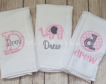 Set of 3 Personalized Burp Cloths - Embroidered Burp Cloths - Newborn - Baby Girl - Monogram Burp Cloth - Elephant  Initial Baby Shower Gift