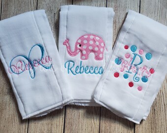 Set of 3 personalized burp cloths - newborn - embroidered baby girl burp cloths - custom monogram burp cloth - baby shower gift - elephant