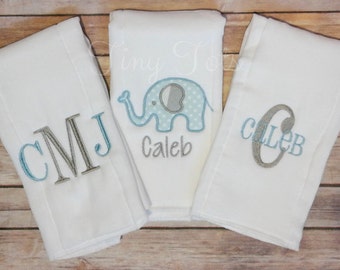 Set of 3 Personalized Burp Cloths - Baby Boy Monogram Burp Cloth Set - Elephant - Newborn Baby Shower Gift - Embroidered Burp Cloth