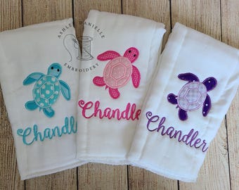 Set of 3 personalized burp cloths - Embroidered sea turtle burp cloth set - Newborn - Custom baby shower gift - Monogrammed baby gift - Pink