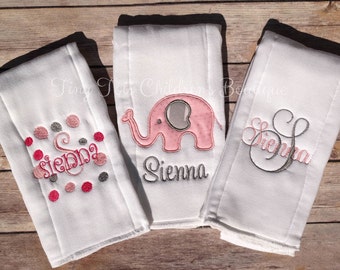 Girl Burp Cloth Set, Set of 3 Personalized Burp Cloths - Diaper Cloths - Baby Girl - Monogrammed - Gift Set - Polka Dot - Elephant