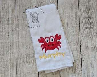 Personalized Crab Burp Cloth | Embroidered Crab Baby Burp Cloth | Custom Baby Boy Gift | Beach Theme Baby Shower Gift | Coastal Nursery