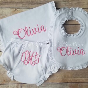Personalized Baby Girl Ruffle Bib, Burp Cloth & Bloomer Set - Monogrammed Cotton (6-12 Months)