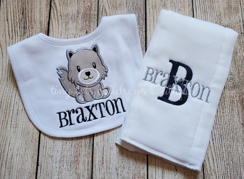 Baby Shower Gift Wolf Embroidered Bib Monogram Burp Cloth Personalized Baby Boy Bib and Burp Cloth Set Burp Cloth Set Newborn