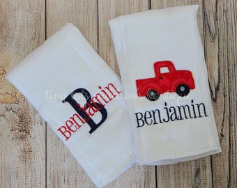 Set of 2 personalized baby boy burp cloths - Embroidered truck burp cloth set - Newborn - Monogram baby shower gift - Custom - Navy - Red