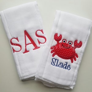 Set of 2 Personalized Burp Cloths - Boy Burp Cloth Set - Newborn - Embroidered Crab Burp Cloth - Monogram Burp Cloth Set - Baby Shower Gift