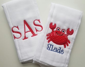 Set of 2 Personalized Burp Cloths - Boy Burp Cloth Set - Newborn - Embroidered Crab Burp Cloth - Monogram Burp Cloth Set - Baby Shower Gift