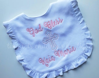 Personalized Christening Bib: Embroidered Ruffle Baptism Bib, Personalized white ruffle bib, Christian Bib