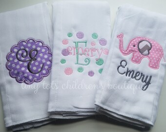 Set of 3 personalized burp cloths - monogram burp cloth set - baby girl embroidered burp cloths - baby shower gift - elephant