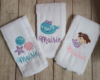 Personalized Burp Cloth Set – Mermaid, Whale, Seashells, Embroidered 100% Cotton