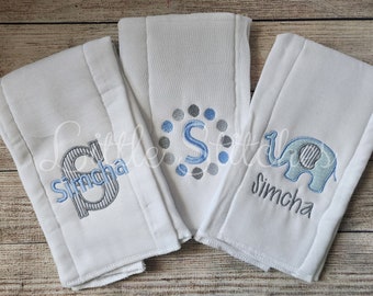 Set of 3 Personalized Burp Cloths - Baby Boy Monogram Burp Cloth Set - Elephant - Newborn Baby Shower Gift - Embroidered Burp Cloth