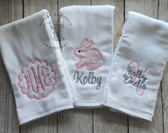 Set of 3 personalized girl burp cloths - Newborn custom burp cloth set - Embroidered bunny burp cloth - Pink -  Monogrammed baby shower gift