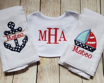 Personalized Bib and Burp Cloth Set - Embroidered Boy Burp Cloth and Bib - Monogram Bib - Sailboat - Anchor - Baby Shower Gift - Newborn