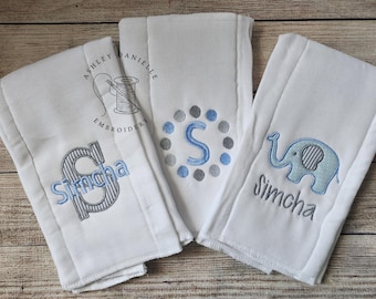 Lot de 3 lingettes personnalisées - Ensemble de lingettes brodées éléphant - Nouveau-né - Cadeau baby shower - Cadeau bébé monogramme - Garçon