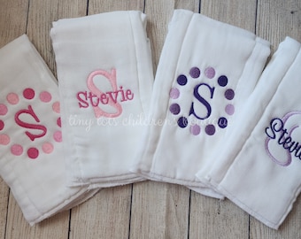 Set of 4 personalized baby girl burp cloths - Custom monogram burp cloth - Embroidered baby shower gift - Pink - Purple - Initial burp cloth