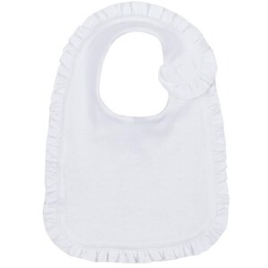 Peut inclure: Un bavoir blanc avec une bordure &agrave; volants. Le bavoir a un fond arrondi et une ouverture pour le cou avec un petit d&eacute;tail de volant sur le c&ocirc;t&eacute;. Le bavoir est en tissu blanc doux.