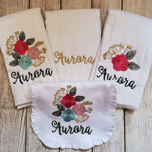 Personalized Burp Cloth and Bib Set - Embroidered Baby Girl Bib and Burp Cloth - Flowers - Monogram - Baby Shower Gift - Newborn - Baby
