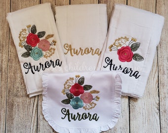 Personalized Burp Cloth and Bib Set - Embroidered Baby Girl Bib and Burp Cloth - Flowers - Monogram - Baby Shower Gift - Newborn - Baby
