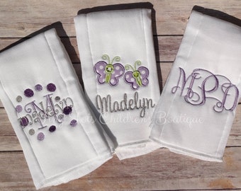 Set of 3 Monogrammed Personalized Baby Girl Burp Cloths - Embroidered Newborn Girl Cloth Diapers - Purple Grey