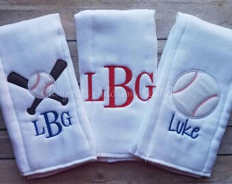 Set of 3 Personalized 6-ply Burp Cloths - Embroidered Baby Boy Burp Cloth Set - Newborn - Monogram Burp Cloth - Baseball - Baby Shower Gift