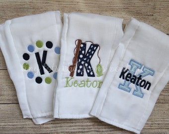 Set of 3 personalized boy burp cloths - Newborn - Baby Shower gift - Custom embroidered boy burp cloth set - Fishing - Fish - Monogram