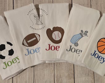 Set of 5 Personalized Burp Cloths - Sports Embroidered Burp Cloth Set - Monogram - Applique - Newborn - Baby Shower Gift - Baby Boy