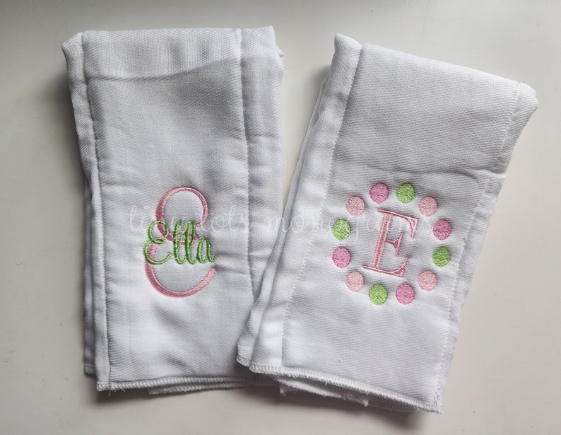 Set of 2 personalized baby girl newborn burp cloths embroidered burp cloth set monogram burp cloths newborn baby shower gift image 1