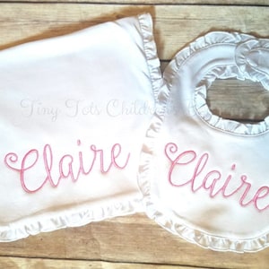 Embroidered pink ruffle bib and ruffle burp cloth - Personalized bib and burp cloth set - Custom baby shower gift - Monogrammed newborn gift