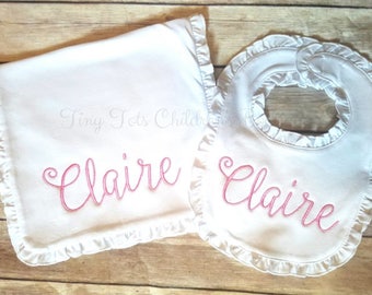 Personalized Ruffle Bib and Burp Cloth Set - Monogram Burp Cloth and Bib Set - Baby Girl - Ruffle Bib and Burp Cloth Set