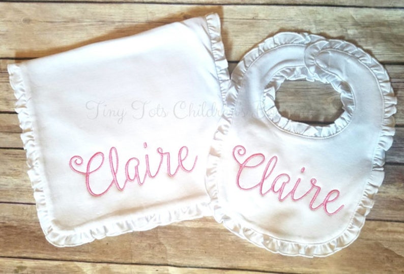 Personalized Ruffle Bib and Burp Cloth Set Monogram Burp Cloth and Bib Set Baby Girl Ruffle Bib and Burp Cloth Set image 1