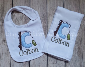 Baby boy personalized bib and burp cloth set - Fish - Fishing Applique - Embroidered burp cloth and bib set - Baby Shower Gift - Custom