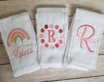 Set of 3 personalized burp cloths - newborn - embroidered baby girl burp cloths - custom monogram burp cloth set baby shower gift - rainbow